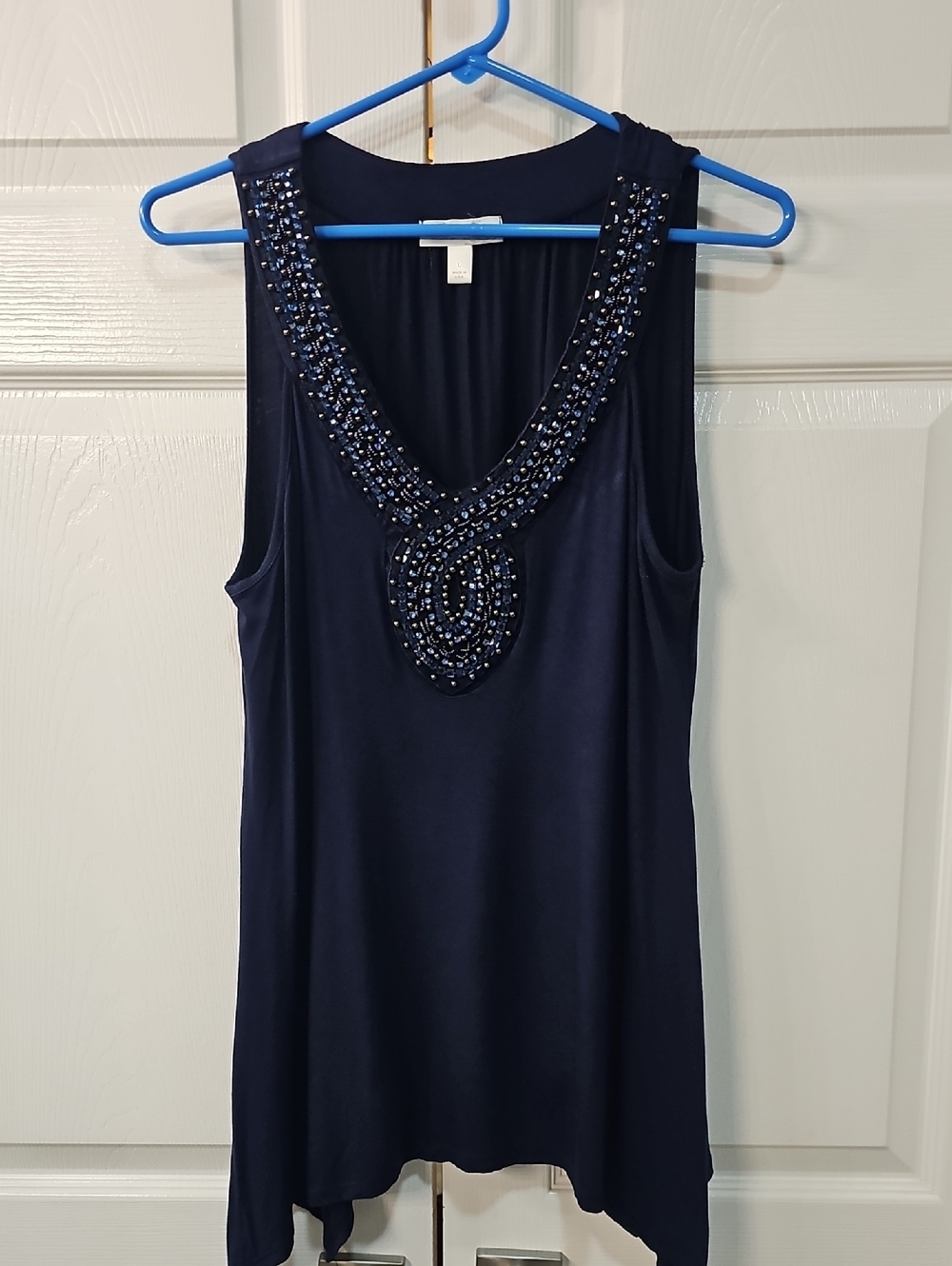 Dressbarn Navy Beaded V-Neck Sleeveless Tank Large Summer Going Out
